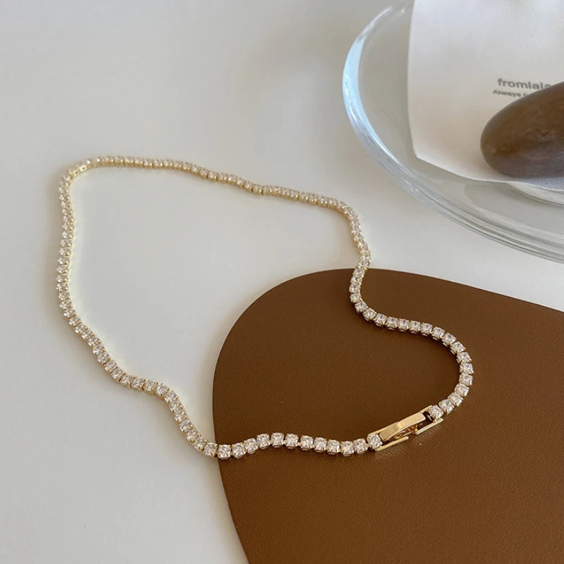 Iced Out Tennis Chain Necklace Gold Color 18K Gold Plated Necklace