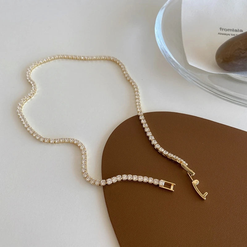 Iced Out Tennis Chain Necklace Gold Color 18K Gold Plated Necklace