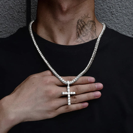 Iced Out Cross Pendant Necklace With 4mm Tennis Chain