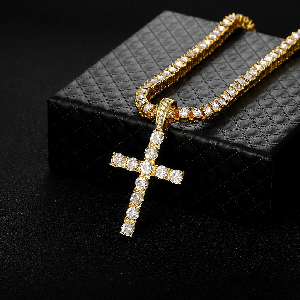 Iced Out Cross Pendant Necklace With 4mm Tennis Chain