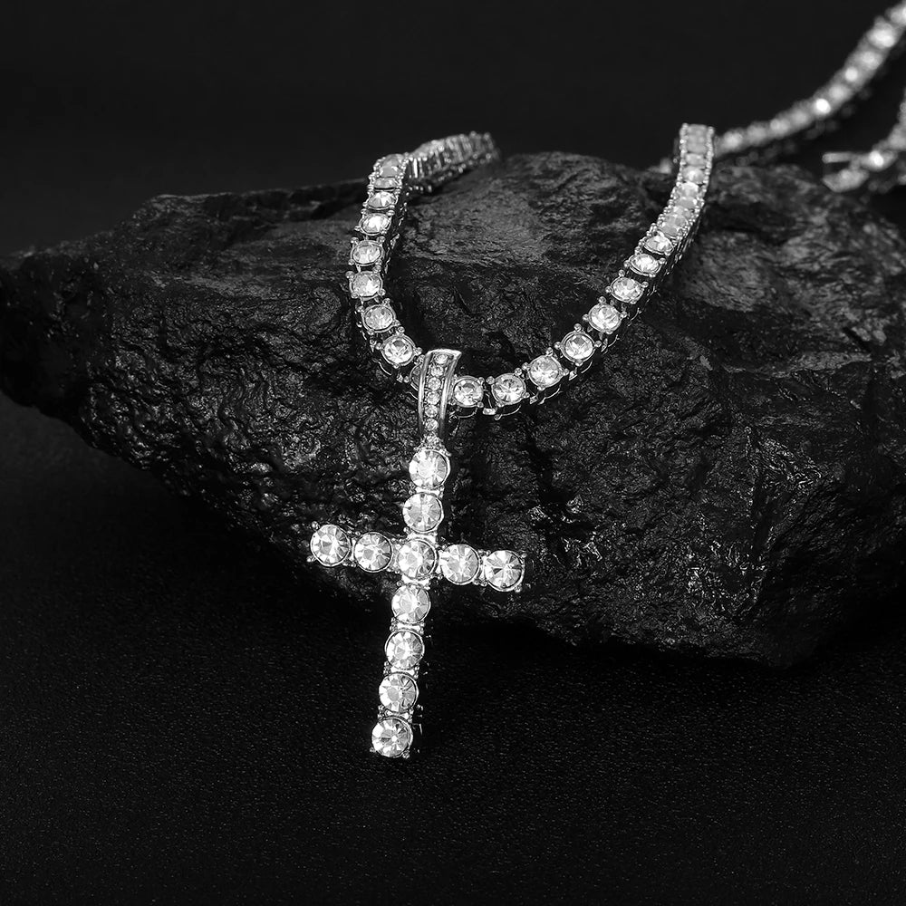 Iced Out Cross Pendant Necklace With 4mm Tennis Chain