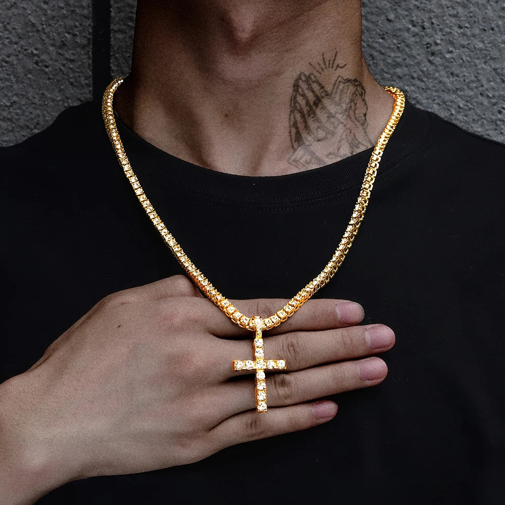 Iced Out Cross Pendant Necklace With 4mm Tennis Chain